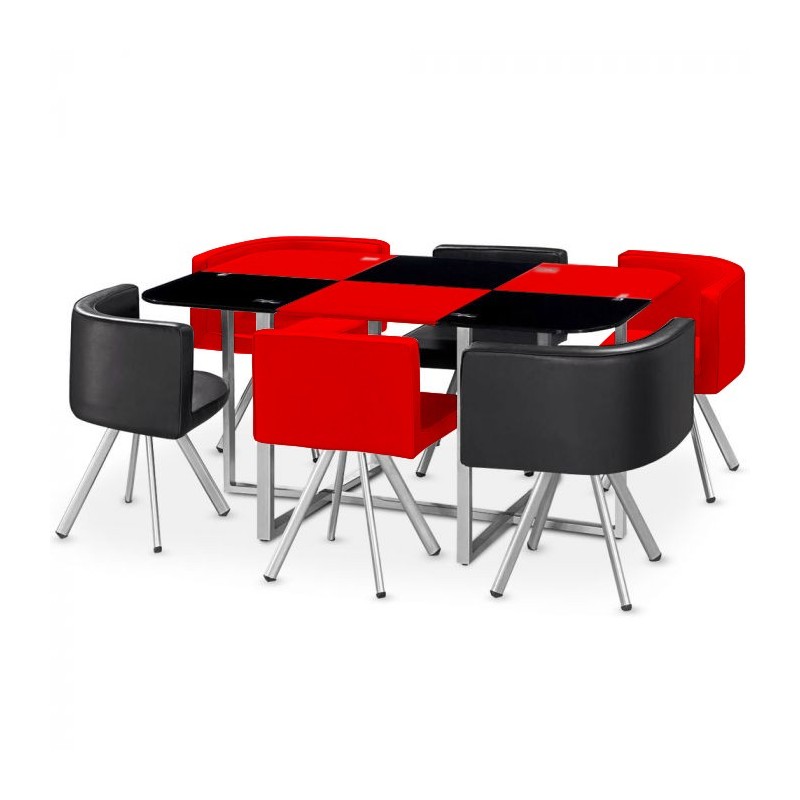 Ensemble Table de repas avec 6 chaises Design MADRID Noir & Rouge